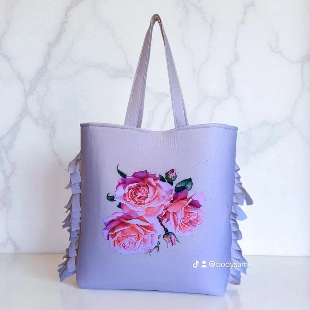 Chic Ruffled Tote Bag with Pink Floral Design